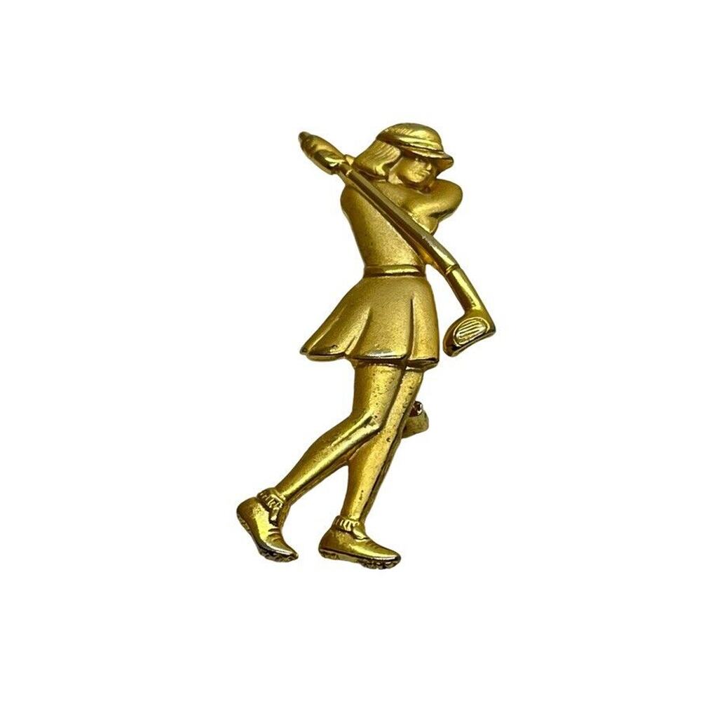 JJ Jonette Golf Brooch Pin Gold Tone Woman Playing Golf Vintage Retro Statement